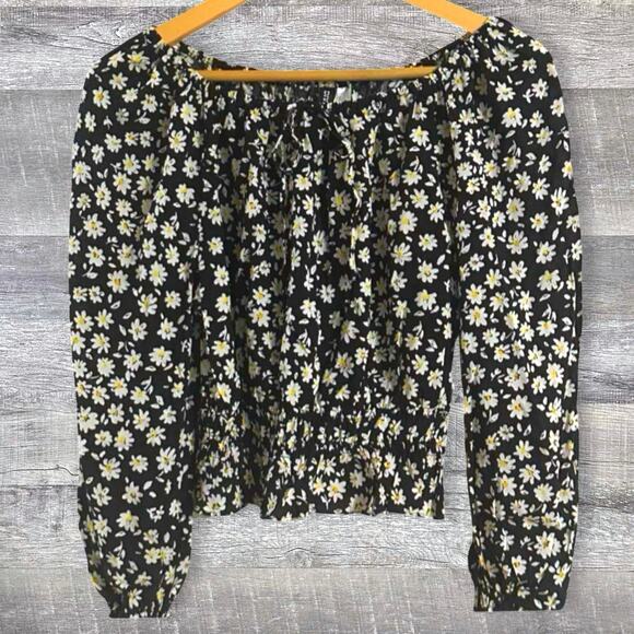 Divided by H&M Long Sleeve Daisy Peasant Top NEW XS Smocked Off Shoulder Black - Picture 1 of 4